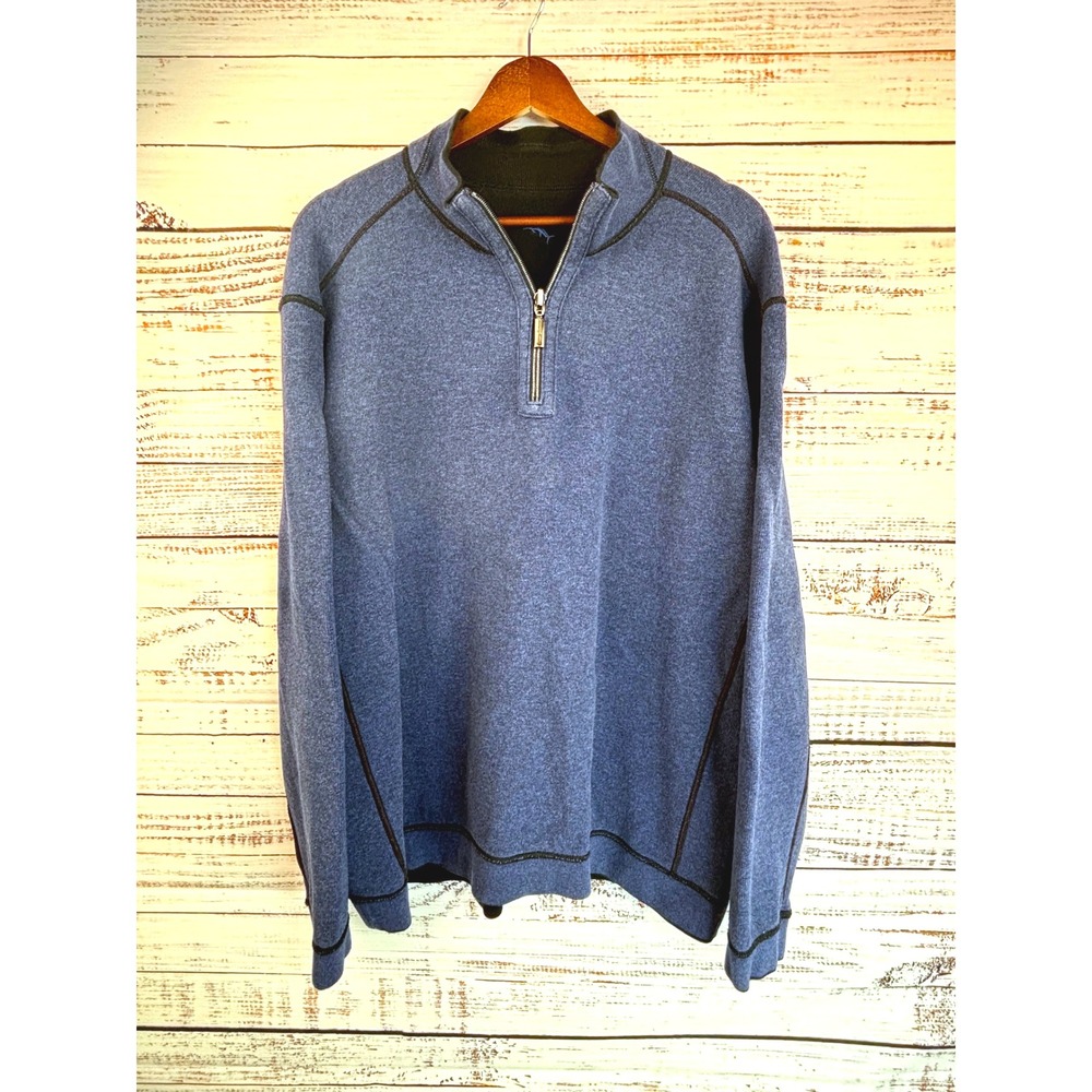 Tommy Bahama Quarter Zip Pullover Sweater 2XL Blue Heathered‎ Reversible Black